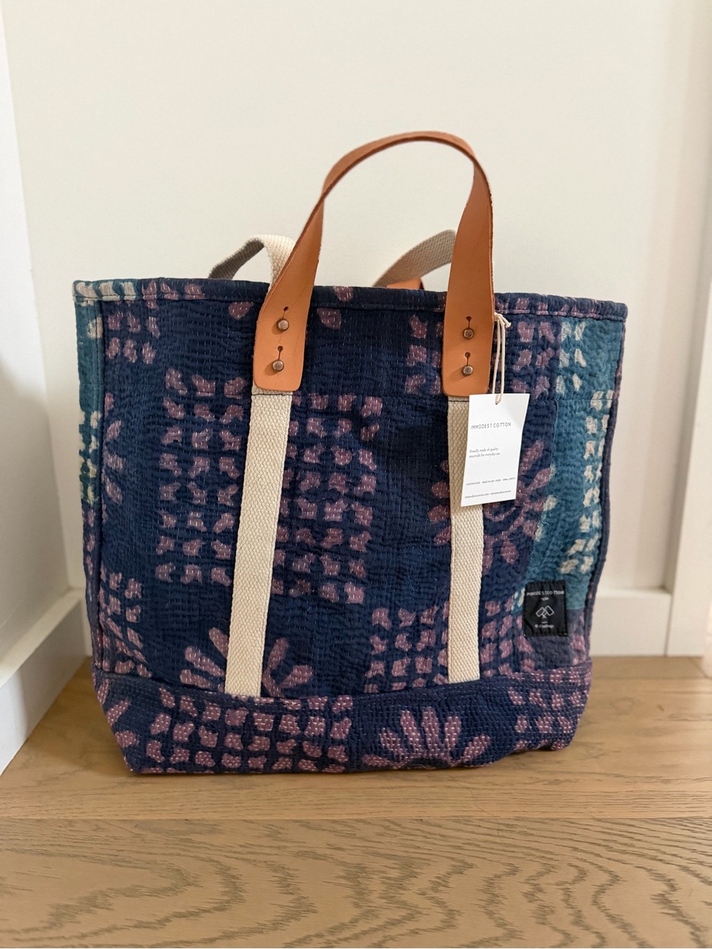 Immodest Cotton NWT Kantha Quilt Tote with Leather Handles - 18” H x 14” W